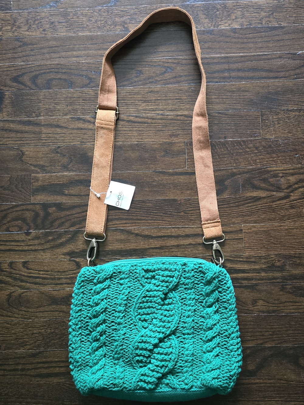 Panache Teal Knit Crossbody with Tan Adjustable Strap